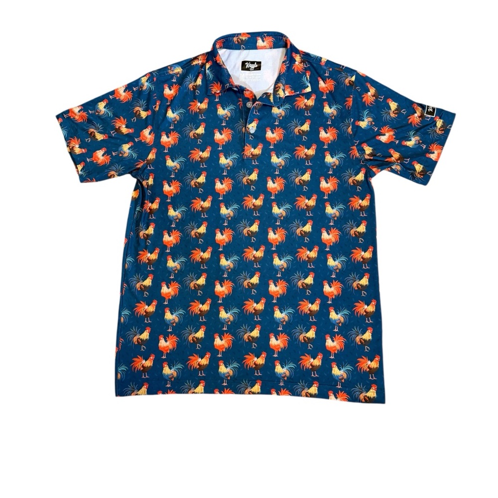 Waggle Cocky Rooster Golf Polo Shirt‎ Blue Novelty Print Stretch Size M - Picture 3 of 5